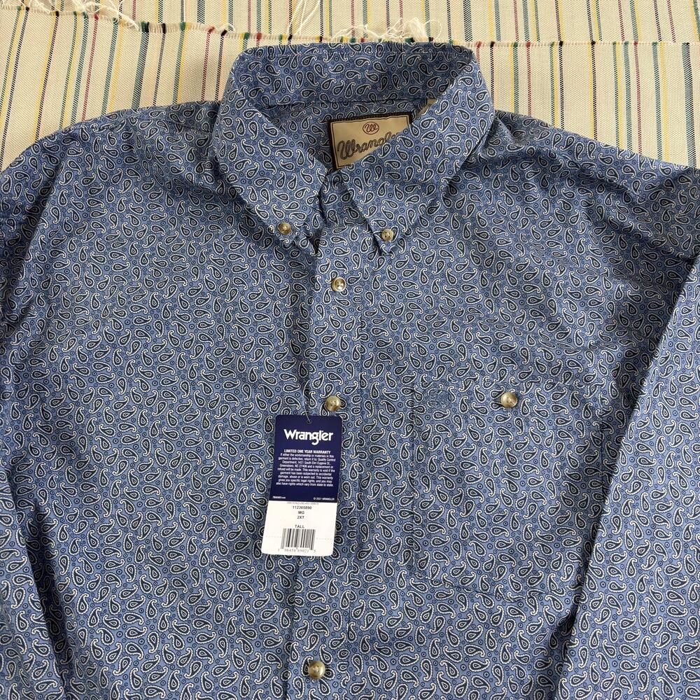 Wrangler Shirt Mens 2XLT Blue Paisley LS Button Down Western Relaxed Fit Casual